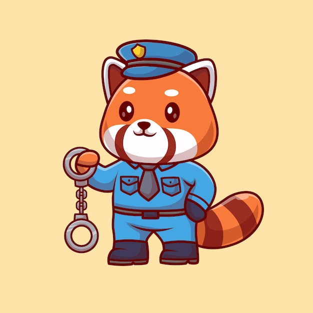 Cute Red Panda Police Holding Handcuff Cartoon Vector Icon Illustration. Animal Profession Isolated