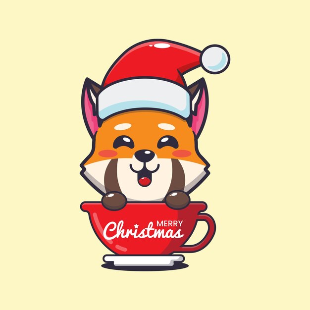 Cute red panda wearing santa hat in cup. Cute christmas cartoon illustration.