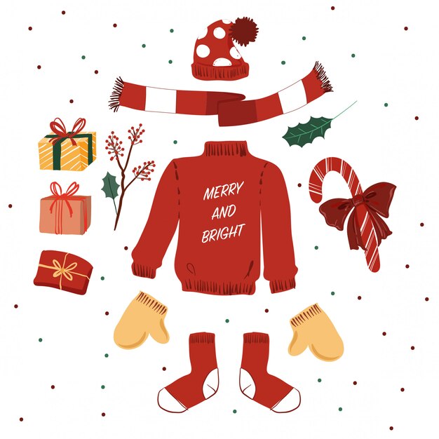 Vector cute red sweater and winter christmas elements