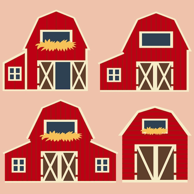 Cute red vector barn with hay A set of barns