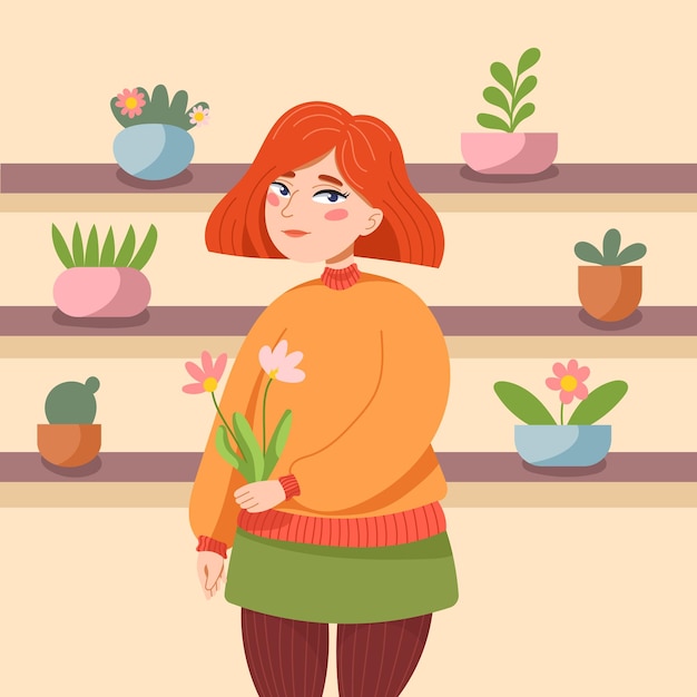 A cute redhaired girl in an orange sweater and a green skirt holds flowers in her hands and stands next to the shelves on which there are houseplants in pots drawn in a cartoon style