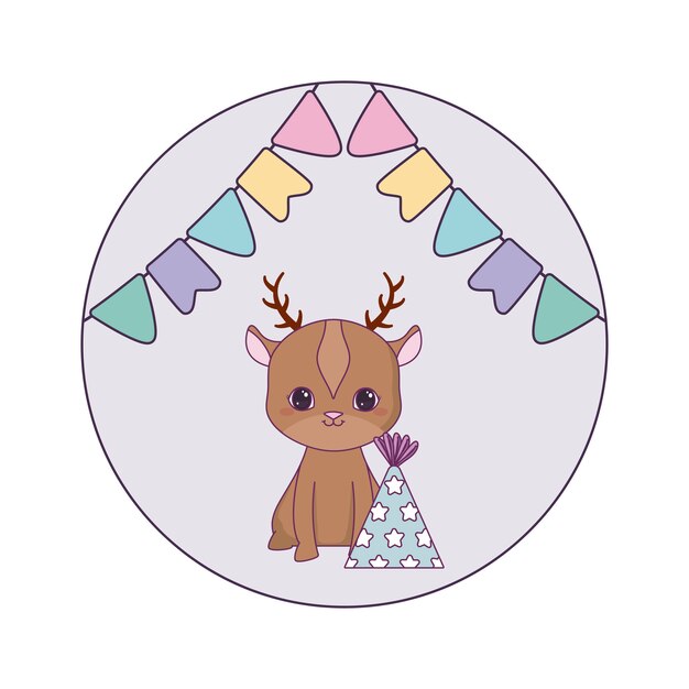 Cute reindeer animal with hat party and garlands