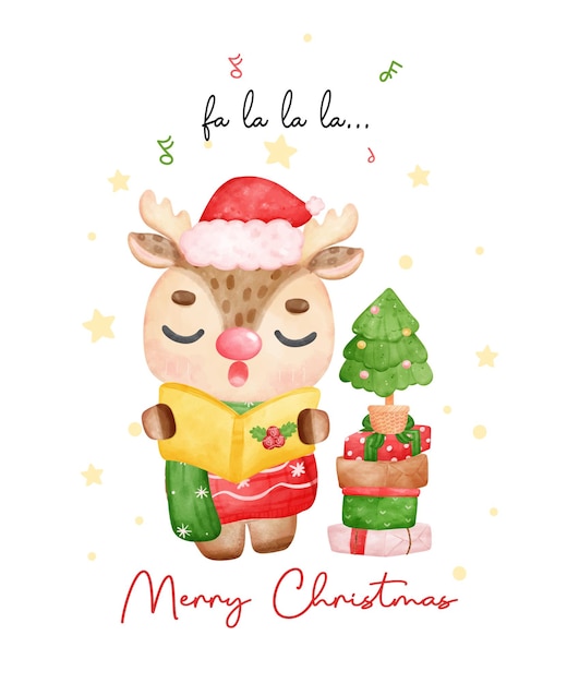 Cute reindeer caroller Christmas reindeer singing and holding songbook and stack of present cartoon