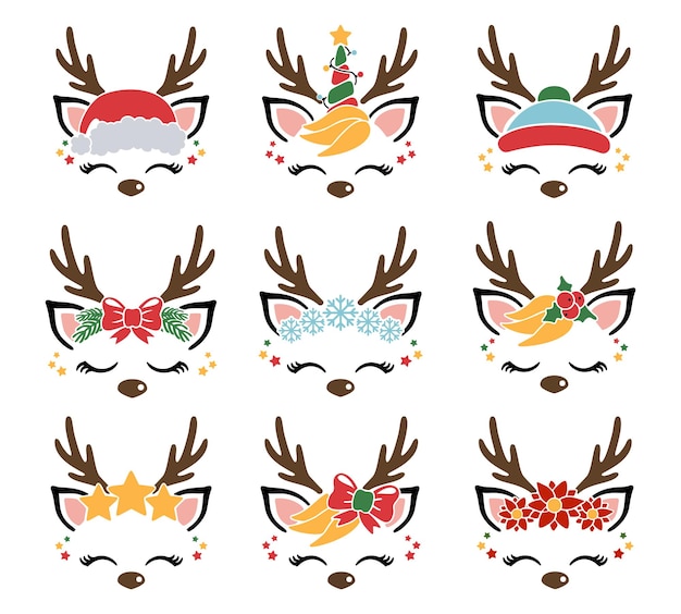 Cute reindeer face Christmas reindeer Set of a cute reindeer face Vector illustration