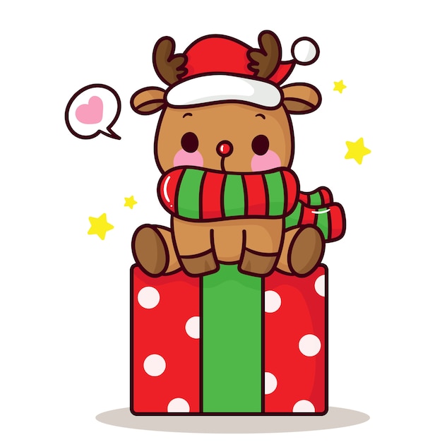 Cute reindeer with gift kawaii style