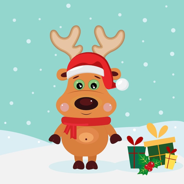 Cute reindeer with gifts on the background of falling snow