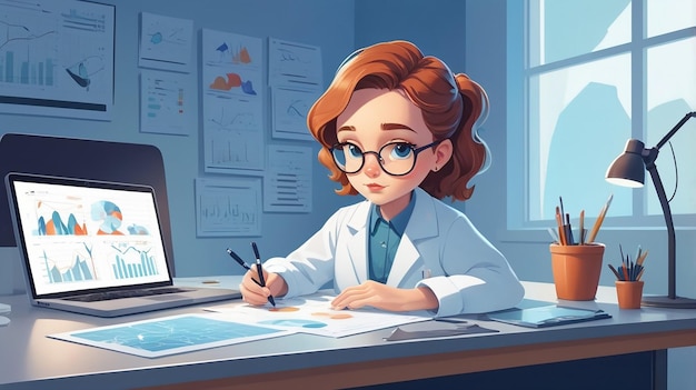 Cute Researcher Analyzing Data Cartoon Vector