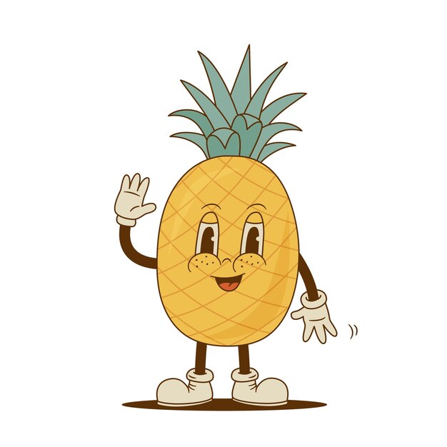 Cute retro cartoon pineapple character Funny fruit mascot vector illustration Nostalgia 60s 70s 80s