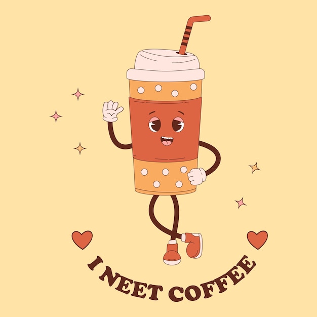 Cute retro character coffee in takeaway cup Cool mascot drink