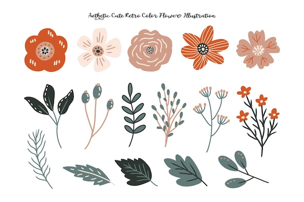 Cute Retro Flower and Leaf Illustration Collection