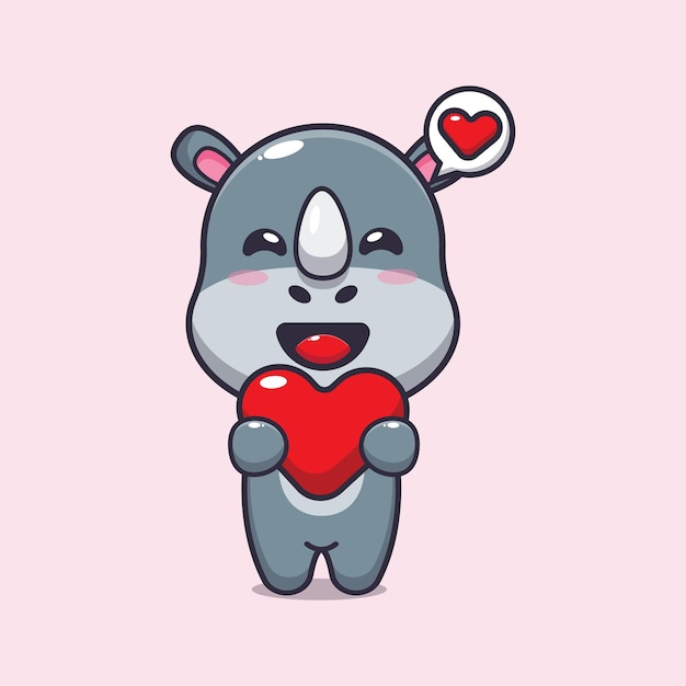 cute rhino cartoon character holding love heart