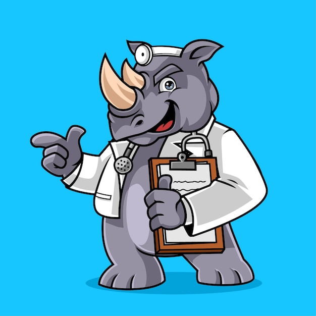 Cute rhino doctor mascot vector illustration