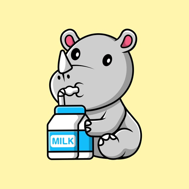 Cute Rhino Drink Milk Cartoon Vector Icon Illustration