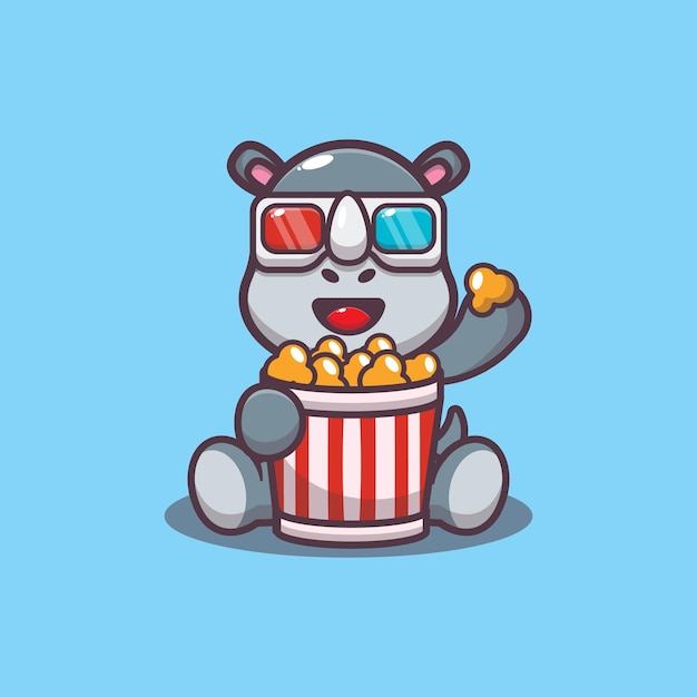 cute rhino eating popcorn and watching 3d movie