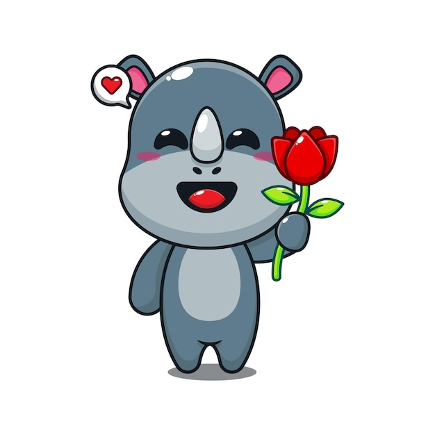 cute rhino holding rose flower cartoon vector illustration