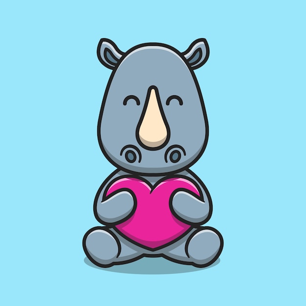 Cute rhino hugging love heart cartoon icon illustration