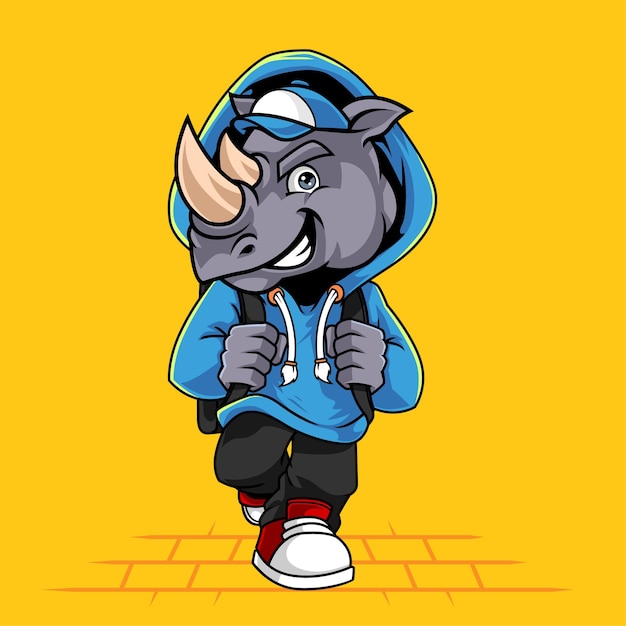 Cute rhino walking school mascot vector illustration