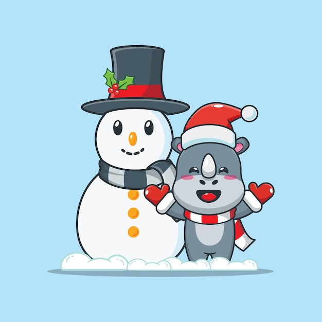 Cute rhino with snowman in christmas day Cute christmas cartoon illustration