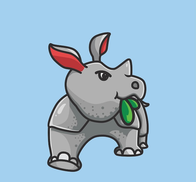 Cute rhinoceros eating a leaf cartoon animal nature concept Isolated illustration Flat Style