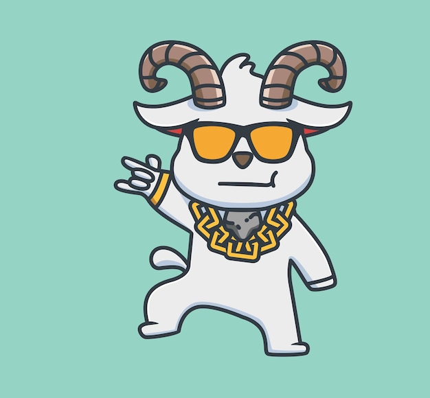 Vector cute rich animal cartoon goat wearing sunglasses and golden necklace isolated flat style