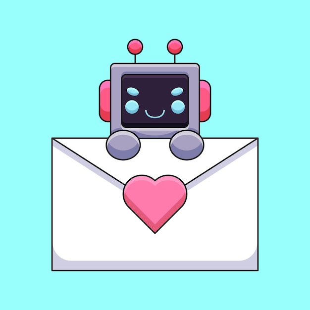 Cute robot holding a love letter cartoon mascot doodle art hand drawn outline concept vector kawaii icon illustration