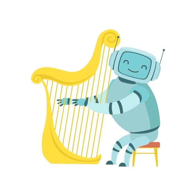 Cute Robot Musician Playing Harp Musical Instrument Vector Illustration on White Background