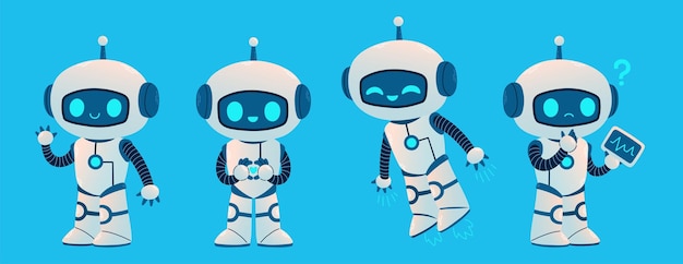 Cute Robot set. Cartoon Science Technology Concept Isolated Vector. Flat Cartoon Style