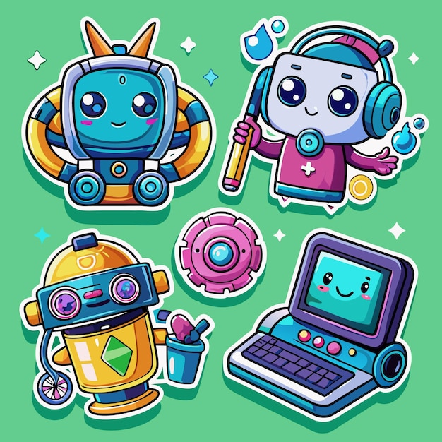 Vector cute robot stickers with bright colors and happy faces