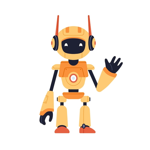 Cute robot toy waving with hand, gesturing hi. Funny childish futuristic bot. Portrait of modern humanoid machine for kids. Colored flat cartoon vector illustration isolated on white background