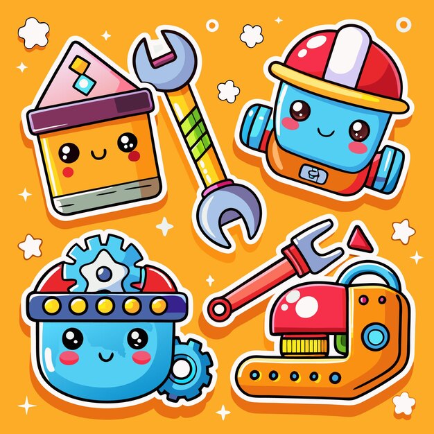 Vector cute robots with tools accessories for kids