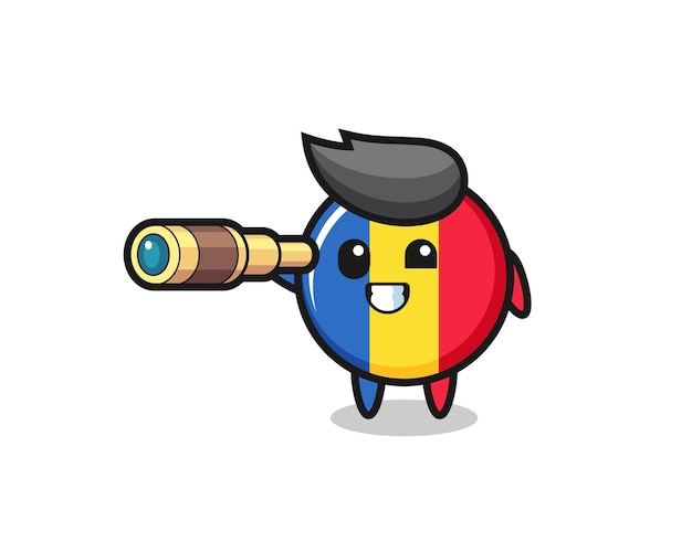 Cute romania flag badge character is holding an old telescope