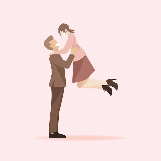 Cute Romantic Couple Cartoon Character, man lifting up woman, girlfriend jump on to boyfriend concept