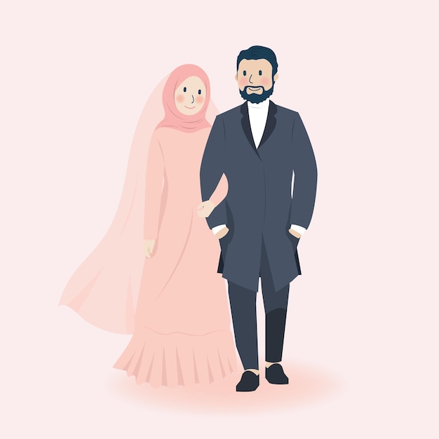 Cute Romantic Muslim Wedding Couple Holding Hands and Smiling