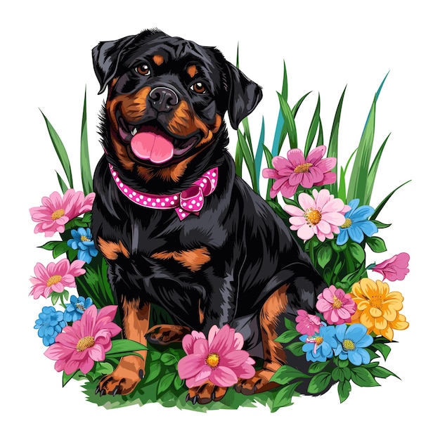 Vector cute rottweiler dogs amp flower vector cartoon illustration