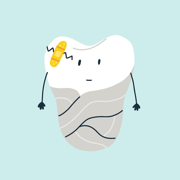 Cute sad character white tooth filled with a crack sealed with a bandaid