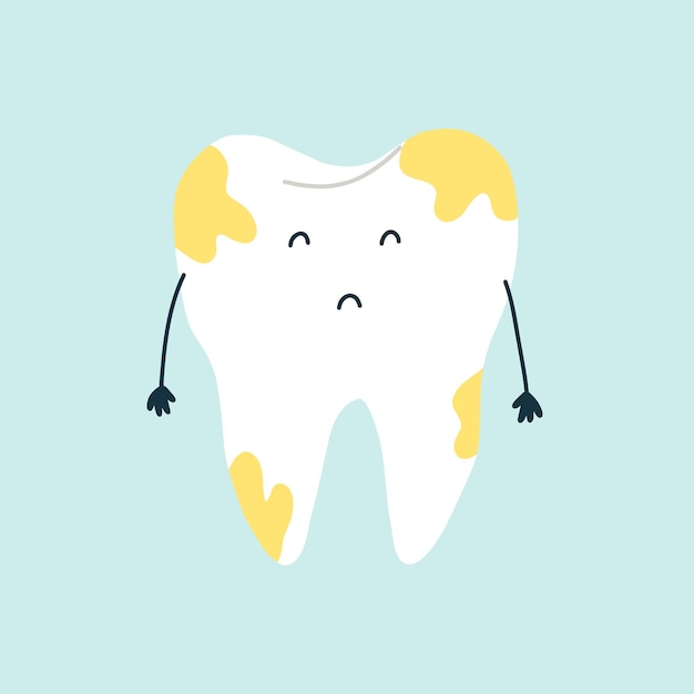 Cute sad character white tooth with yellow plaque