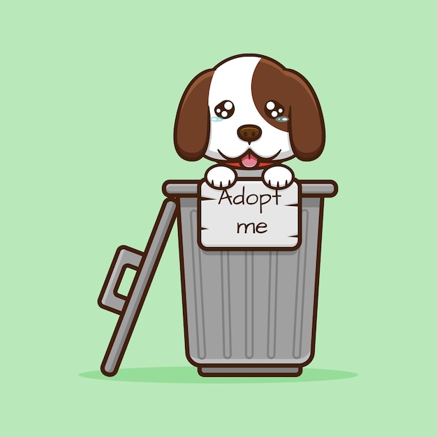 Cute sad dog in the trash with a sign that writes adopt me cartoon on light green background