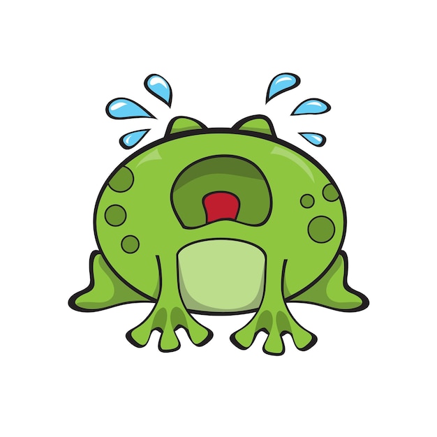 Cute sad frog sitting and crying green funny cartoon frog character