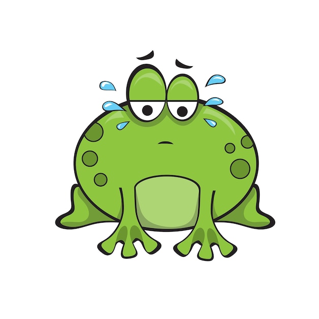 Cute sad frog sitting and crying green funny cartoon frog character