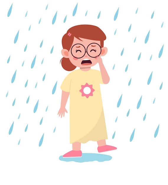 cute sad kid girl sad in the rain cartoon illustration