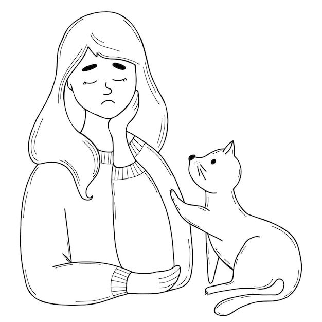 Cute sad lonely girl with cat Vector Linear hand drawing doodle outline