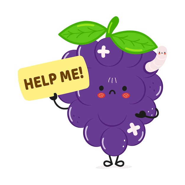 Cute sad sick grape asks for help character