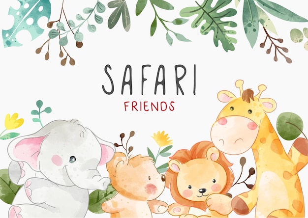 Cute safari animal friends with wild leafs illustration