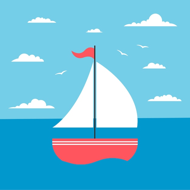 Vector cute sailboat in sea seascape with ship and seagulls cartoon vector illustration