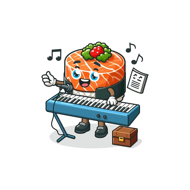 Vector cute salmon sushi singing with keyboard music piano cartoon vector icon illustration food music 1