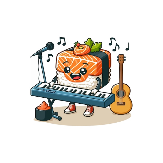 Vector cute salmon sushi singing with keyboard music piano cartoon vector icon illustration food music