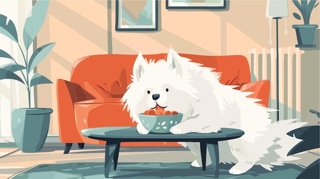 Cute Samoyed Dog Eating from Bowl at Home Vector Illustration