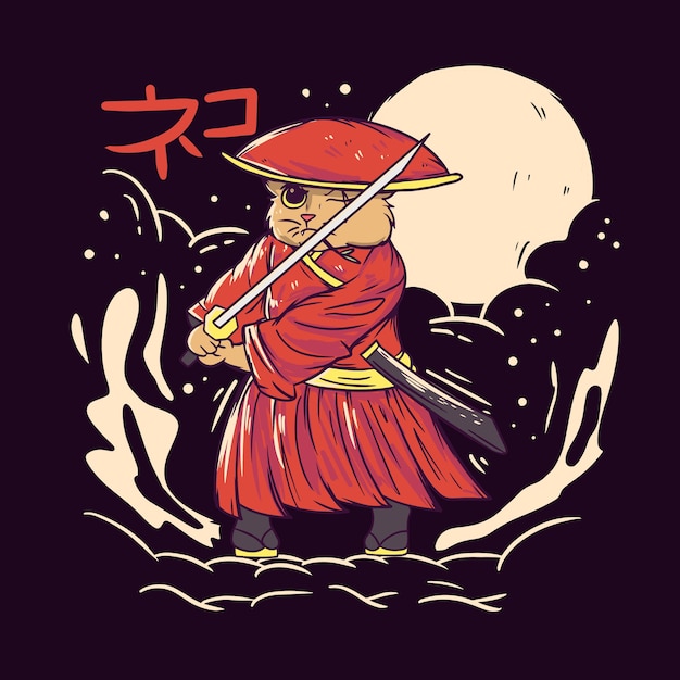 Cute samurai cat illustration