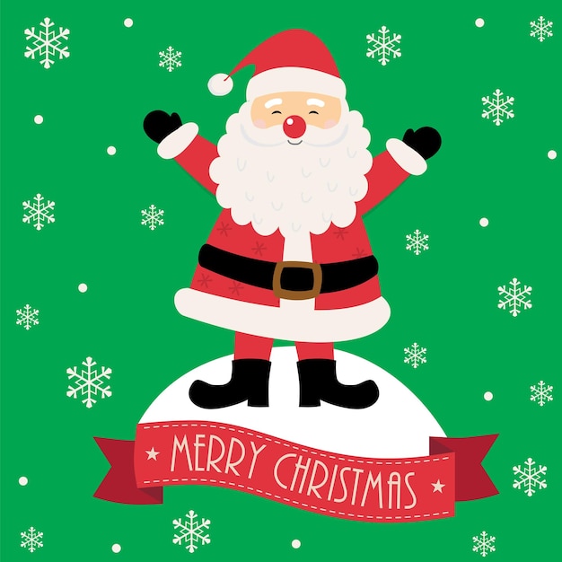 Cute Santa Claus and banner merry Christmas on green background