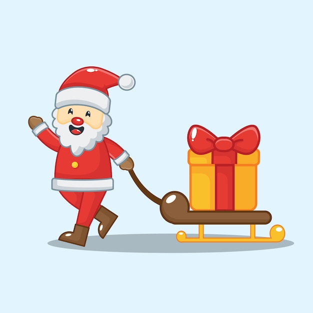 Cute santa claus carrying a christmas gift box. christmas  illustration 